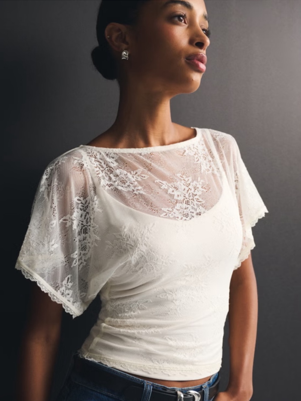 Abercrombie & Fitch Lace Flutter Short Sleeve Slash Top Shirt Blouse Cream Sz M